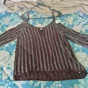 BKE beaded cold shoulder blouse, size small. Brown with silver beading.